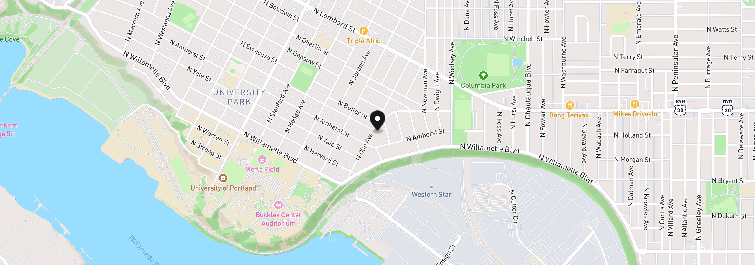 Map showing the location of 7048 N Olin Ave, Portland, OR 97203