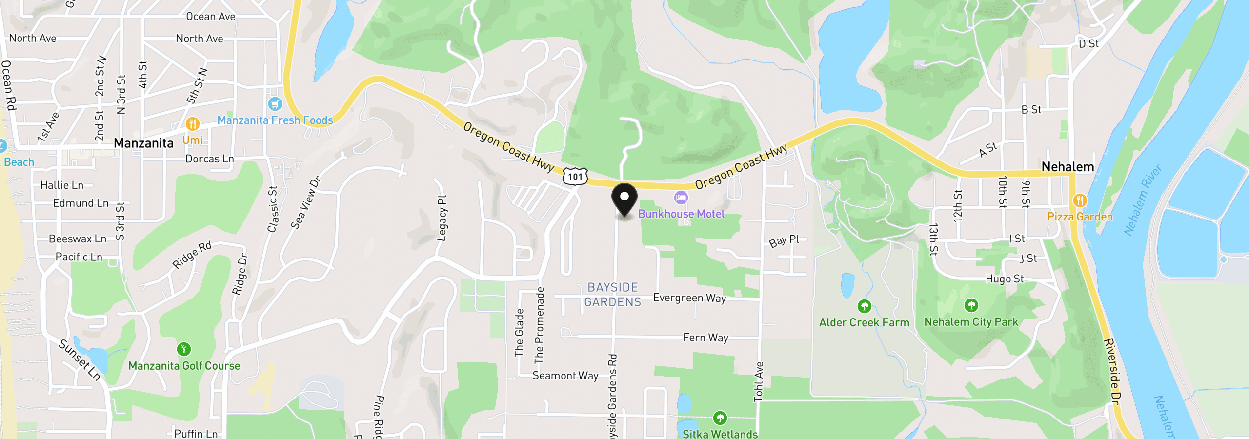 Map showing the location of 35395 Bayside Gardens Rd, Nehalem, OR 97131