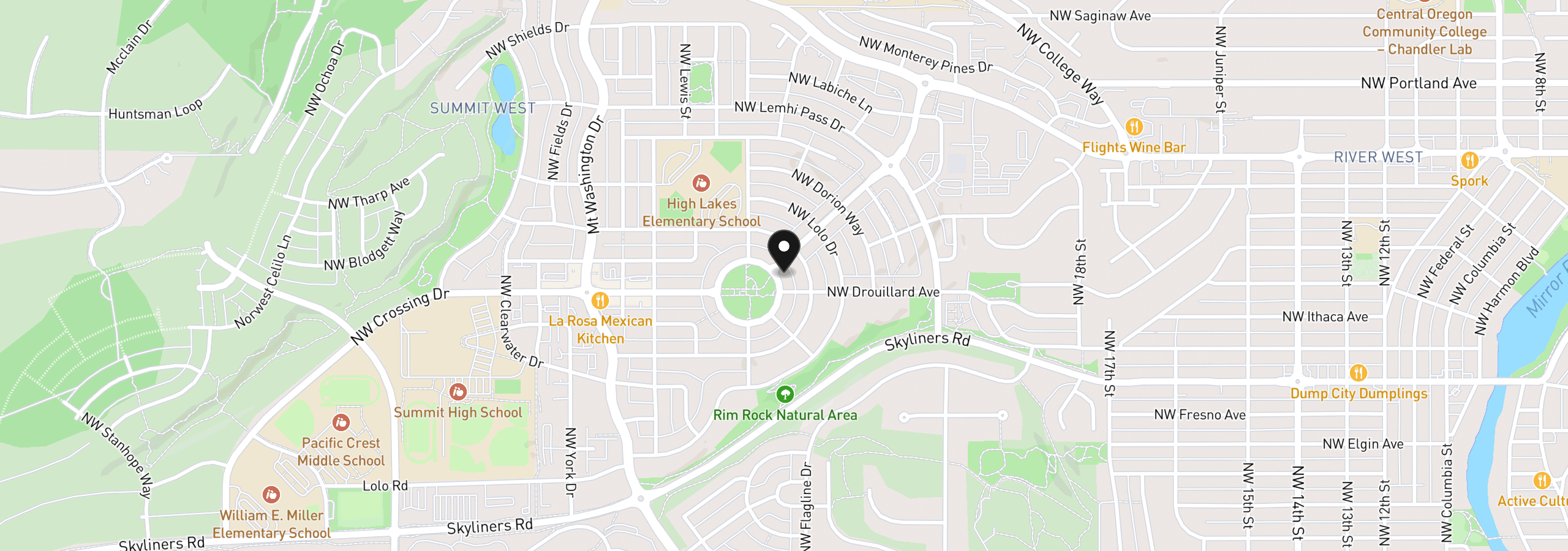Map showing the location of 2563 NW Crossing Dr, Bend, OR 97703
