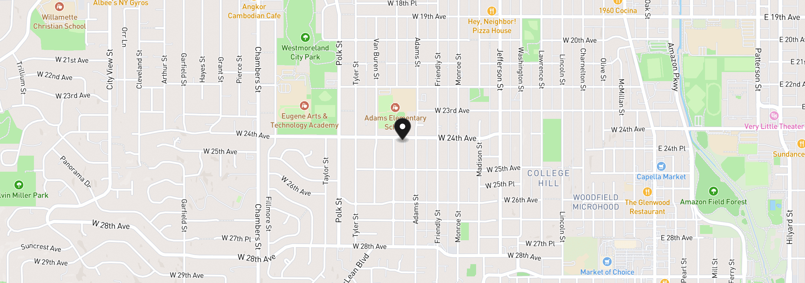 Map showing the location of 960 W 24th Ave, Eugene, OR 97405