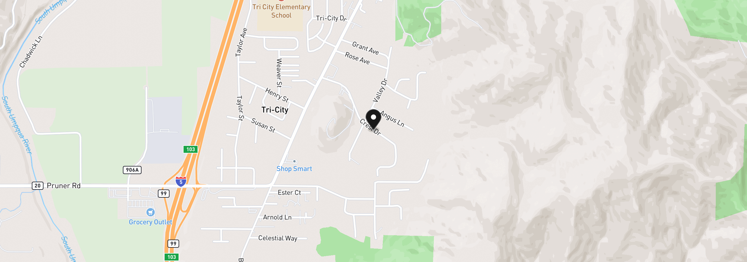 Map showing the location of 224 Aker Dr, Myrtle Creek, OR 97457