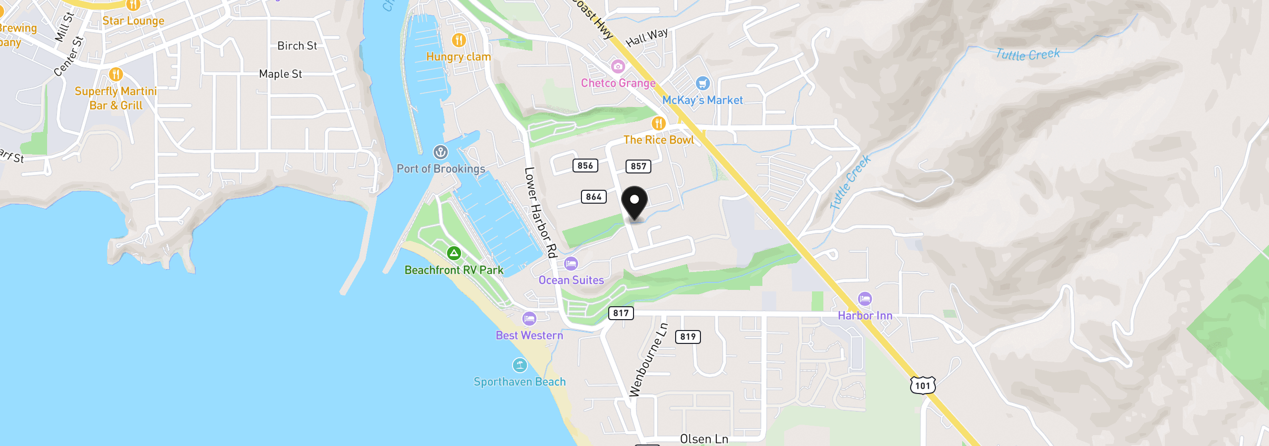 Map showing the location of 16107 W Hoffeldt Ln, Brookings, OR 97415