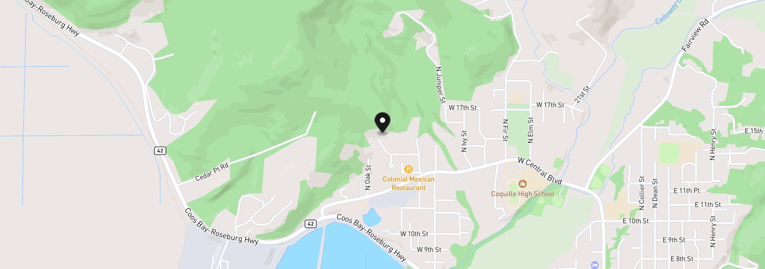 Map showing the location of 1476 W 14th Pl, Coquille, OR 97423