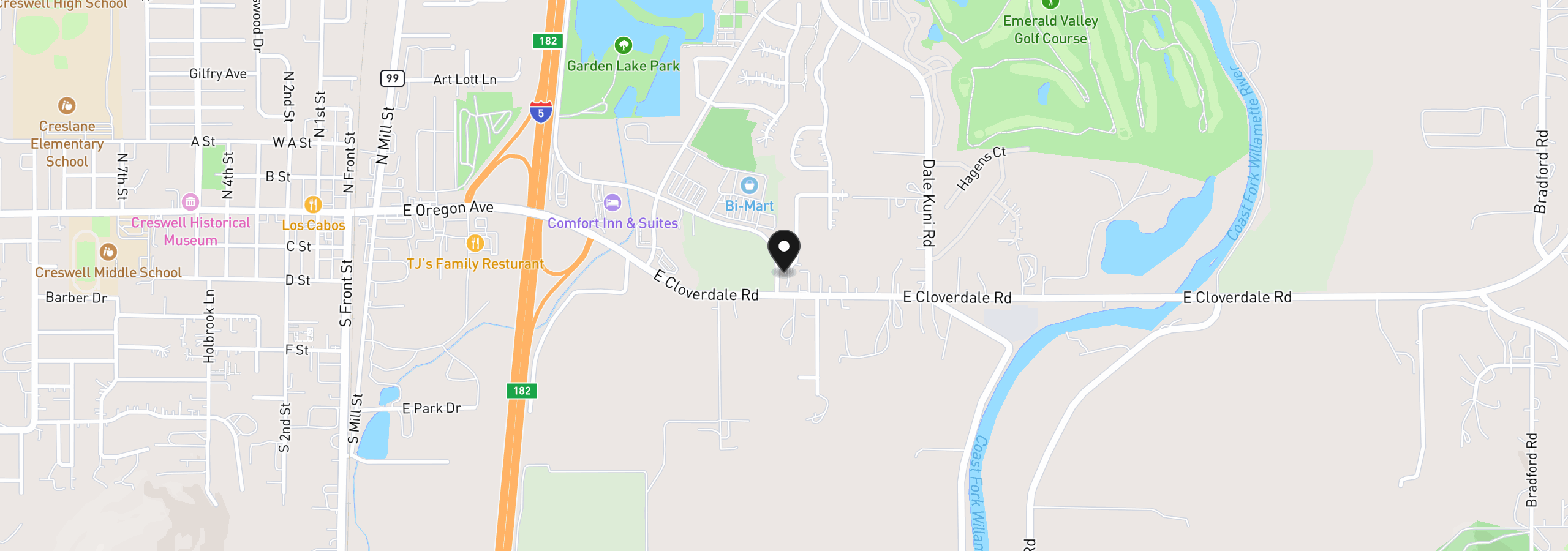 Map showing the location of 18 Village Dr, Creswell, OR 97426