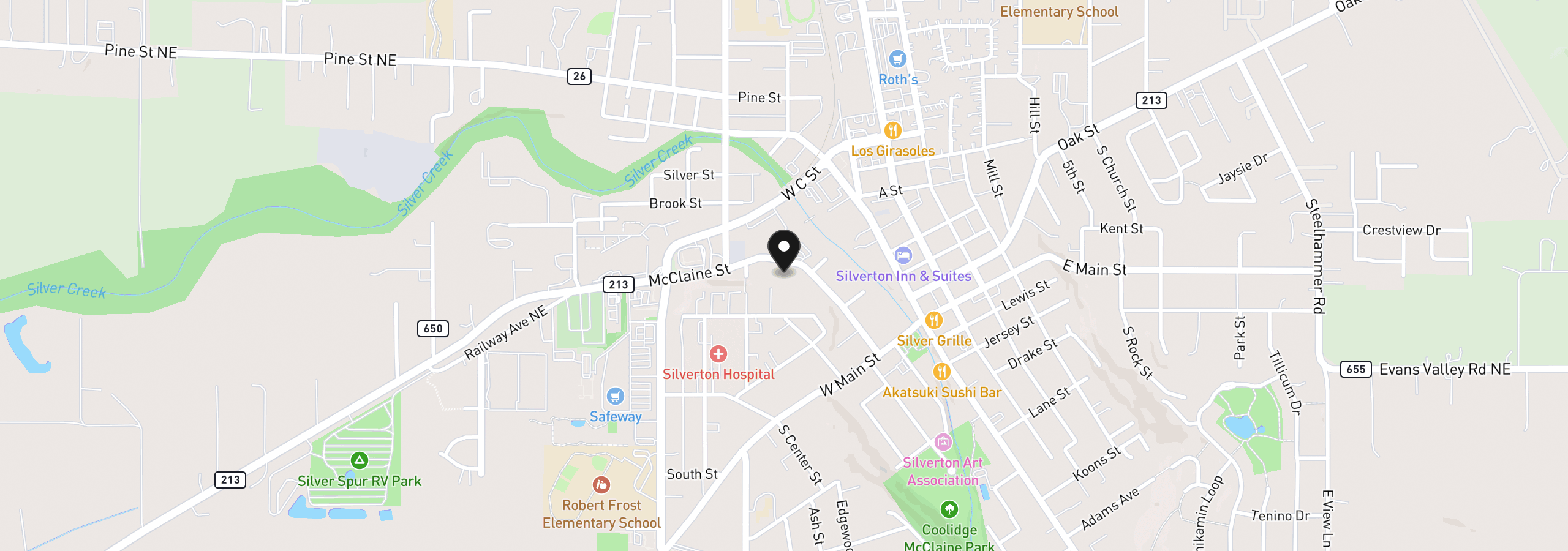 Map showing the location of 421 McClaine St, Silverton, OR 97381