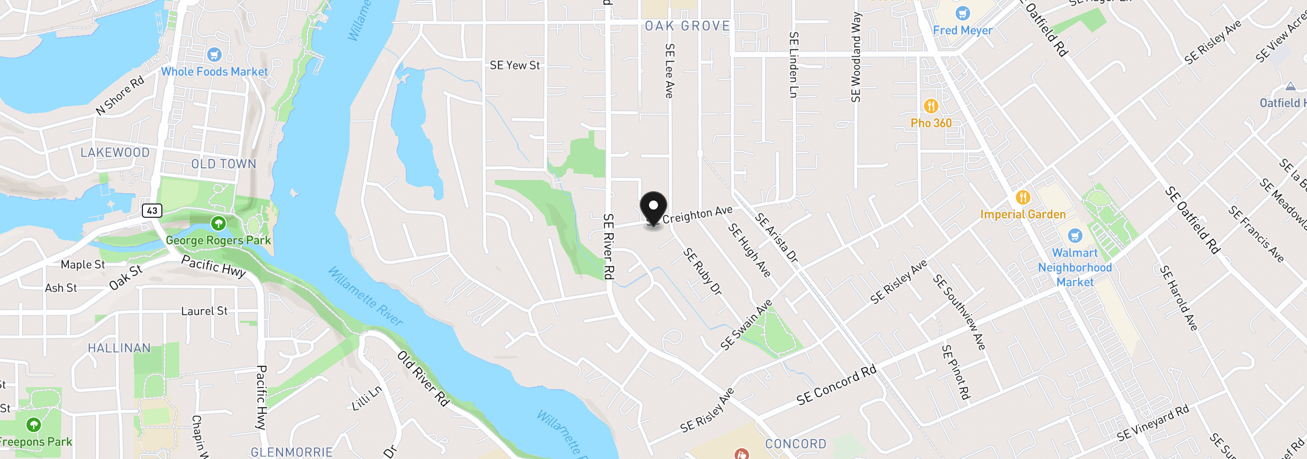 Map showing the location of 1910 SE Creighton Ave, Milwaukie, OR 97267