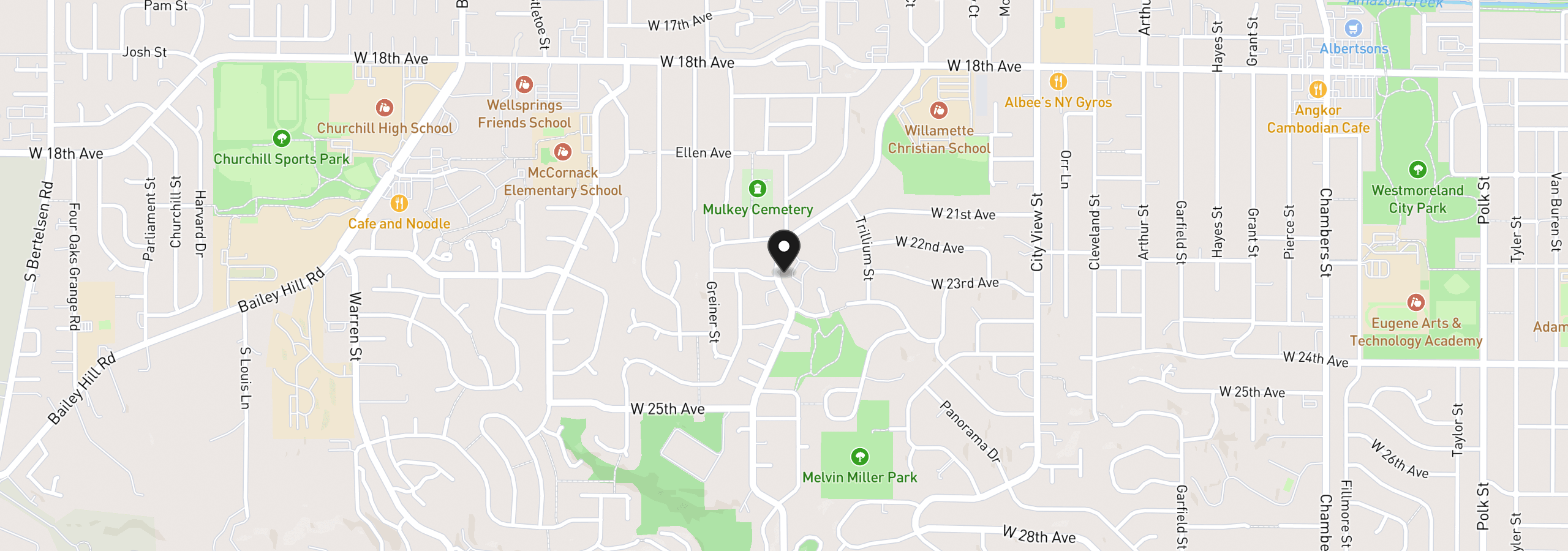 Map showing the location of 2239 Hawkins Ln, Eugene, OR 97405