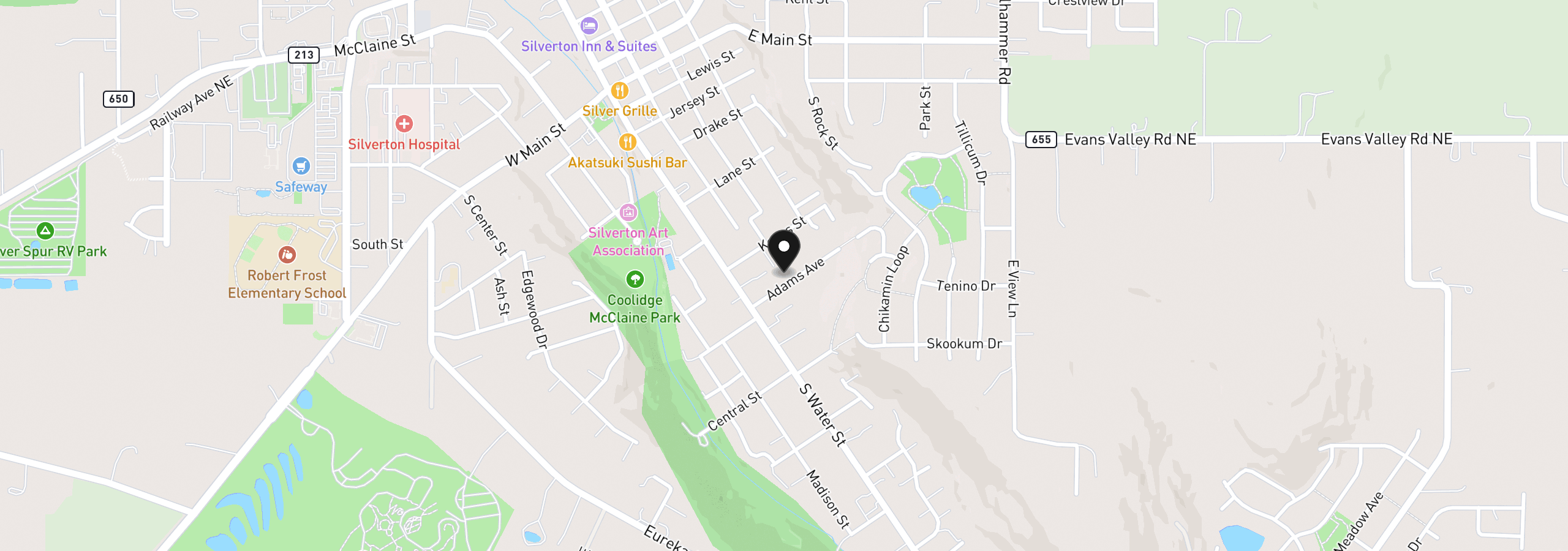 Map showing the location of 307 Adams Ave, Silverton, OR 97381