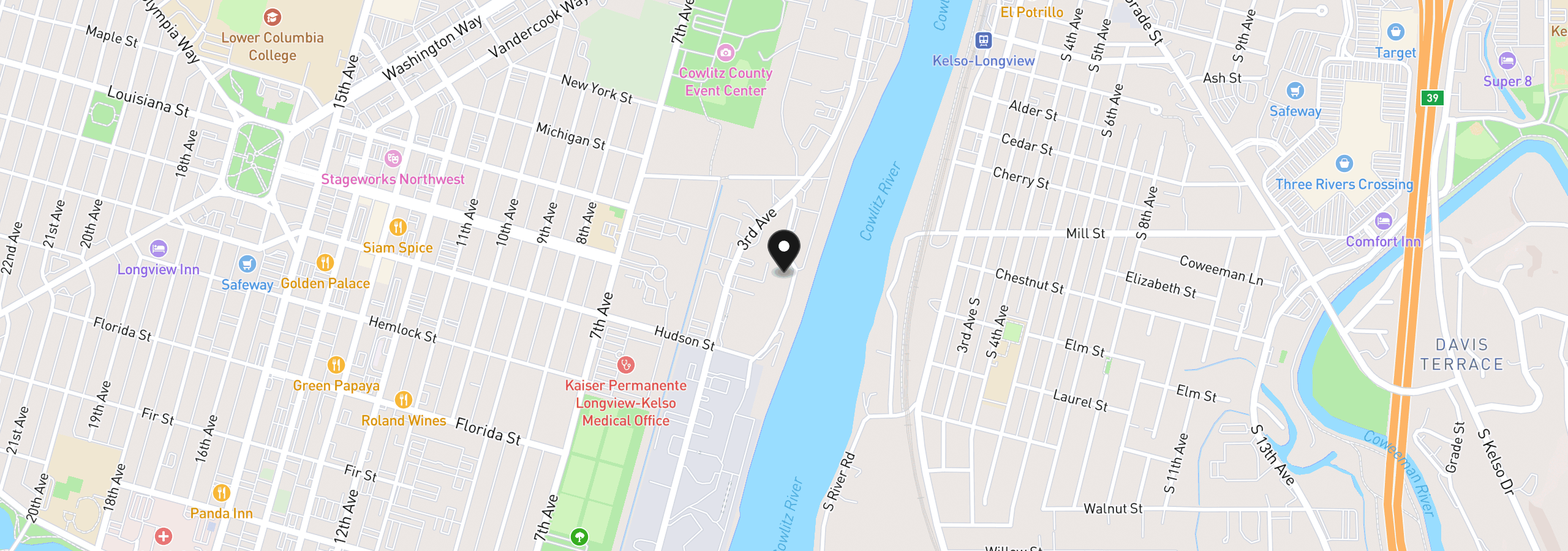 Map showing the location of 1425 River Rd, Longview, Wa 98632