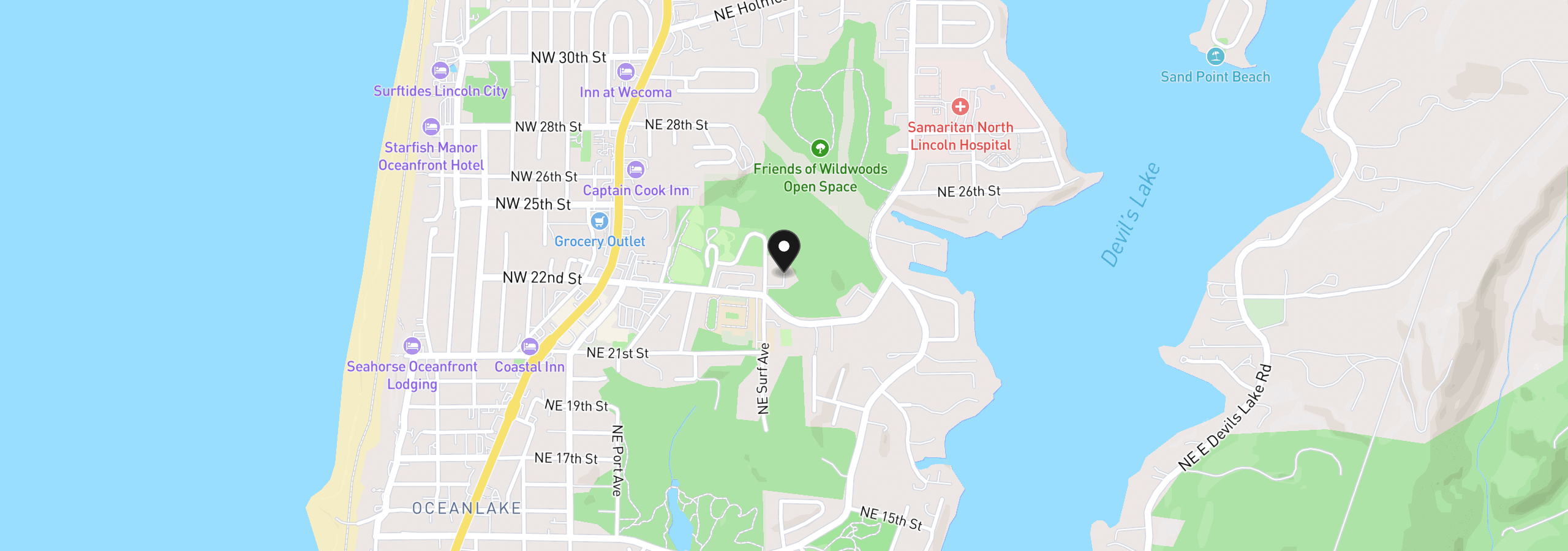 Map showing the location of 2280 NE Surf Ave, Lincoln City, OR 97367