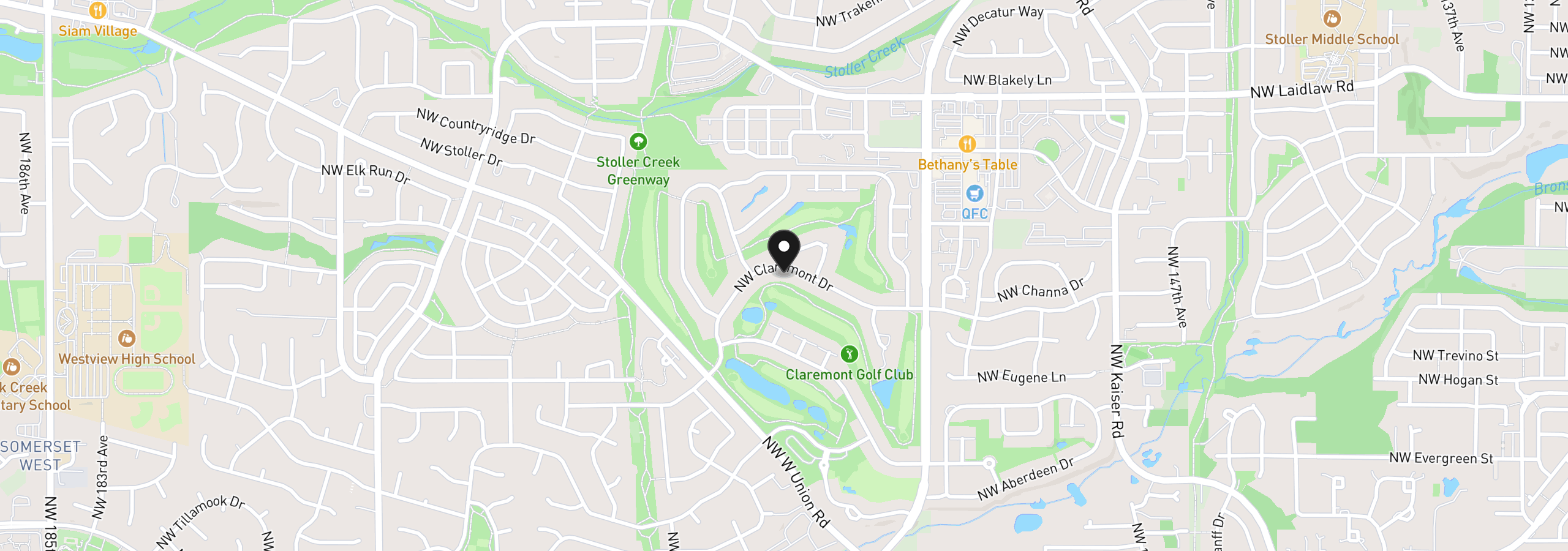 Map showing the location of 15996 NW Claremont Dr, Portland, OR 97229