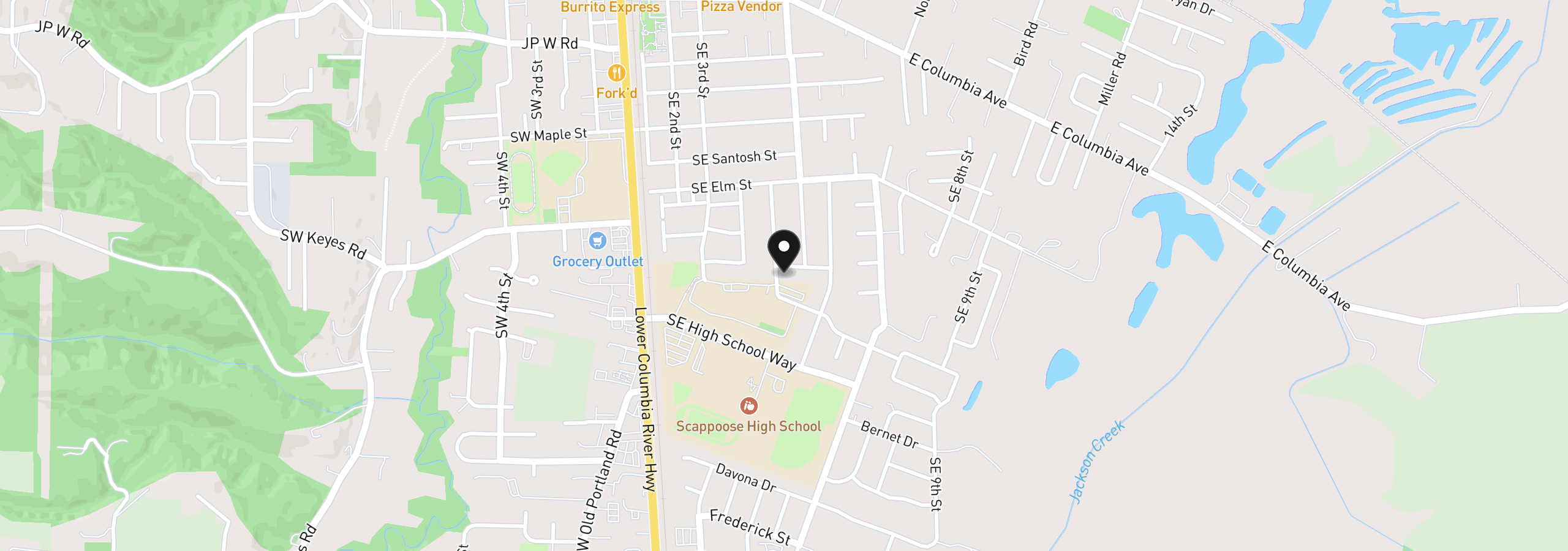 Map showing the location of 52052 SE 3rd Pl, Scappoose, OR 97056