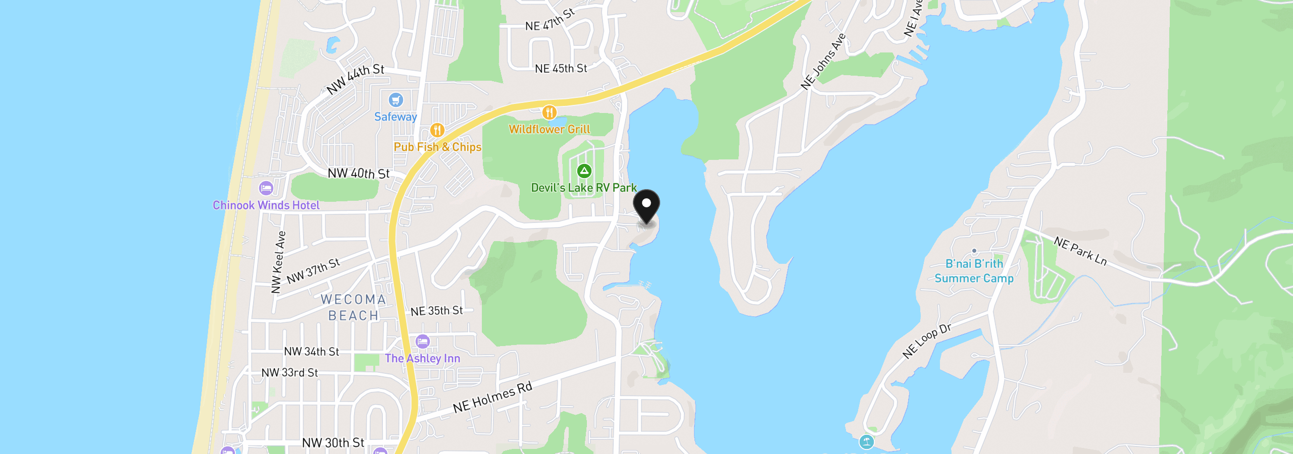Map showing the location of 3600 NE West Devils Lake Rd 302/303, Lincoln City, OR 97367