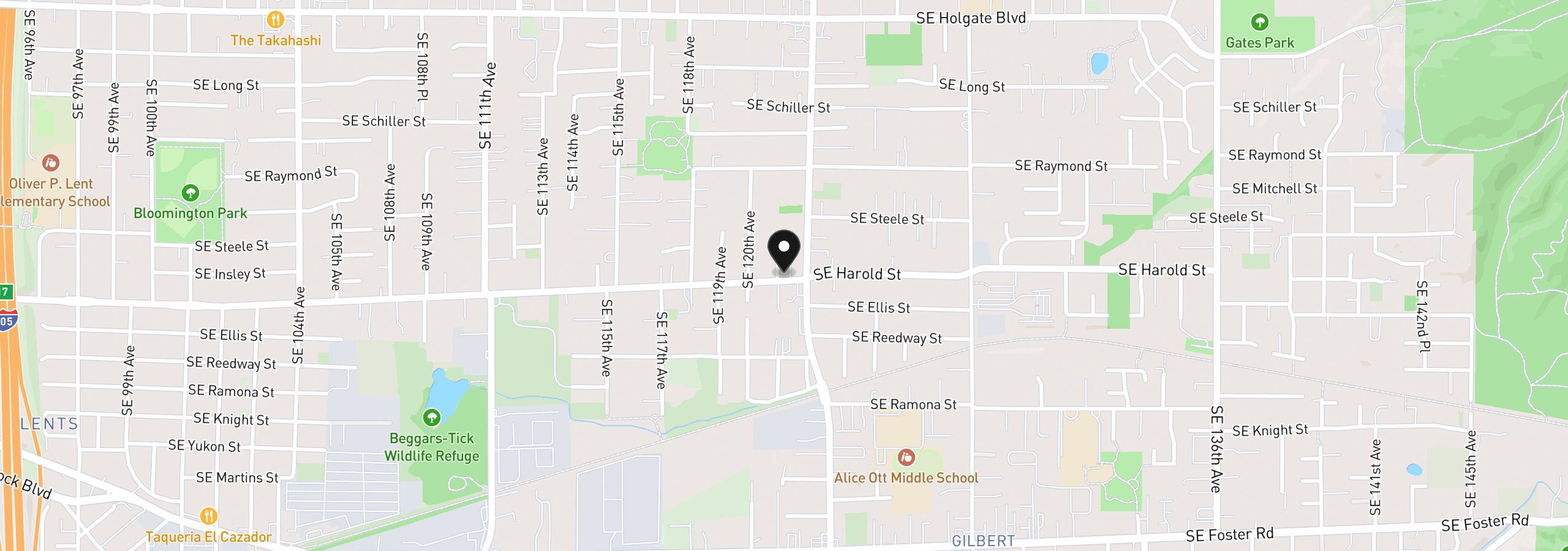 Map showing the location of 12103 SE Harold St, Portland, OR 97266