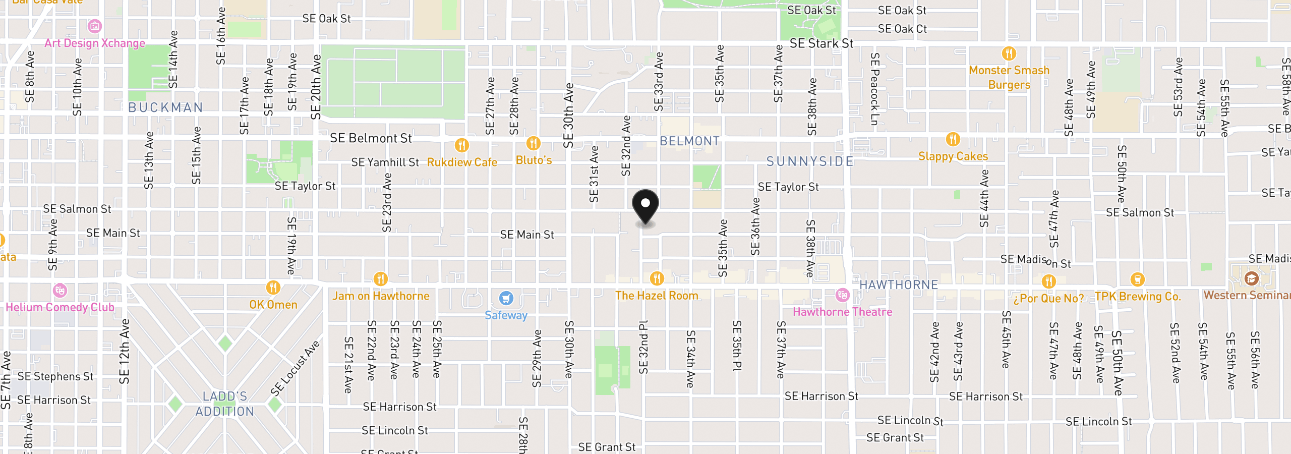 Map showing the location of 1230 SE 32nd Pl, Portland, OR 97214