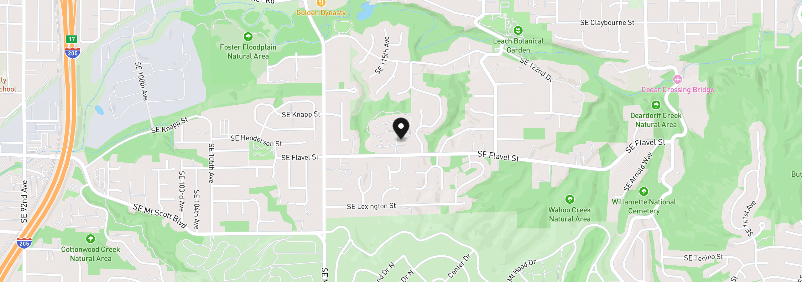 Map showing the location of 11713 SE Flavel St, Portland, OR 97266