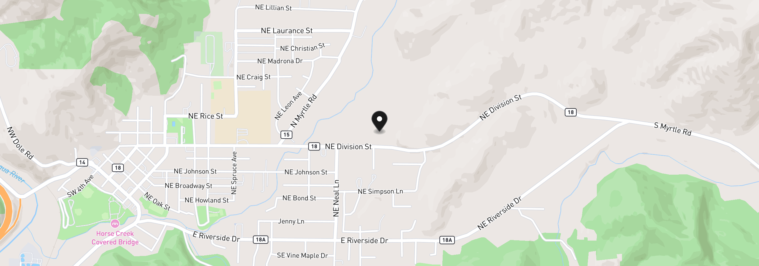 Map showing the location of 1171 NE Division St, Myrtle Creek, OR 97457