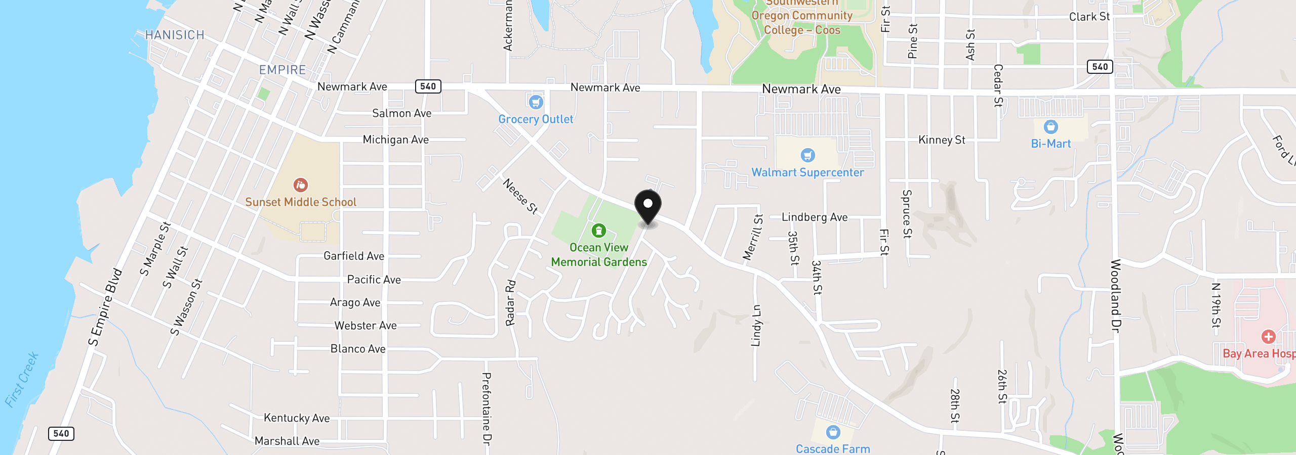 Map showing the location of 505 Shorepines Pl, Coos Bay, OR 97420