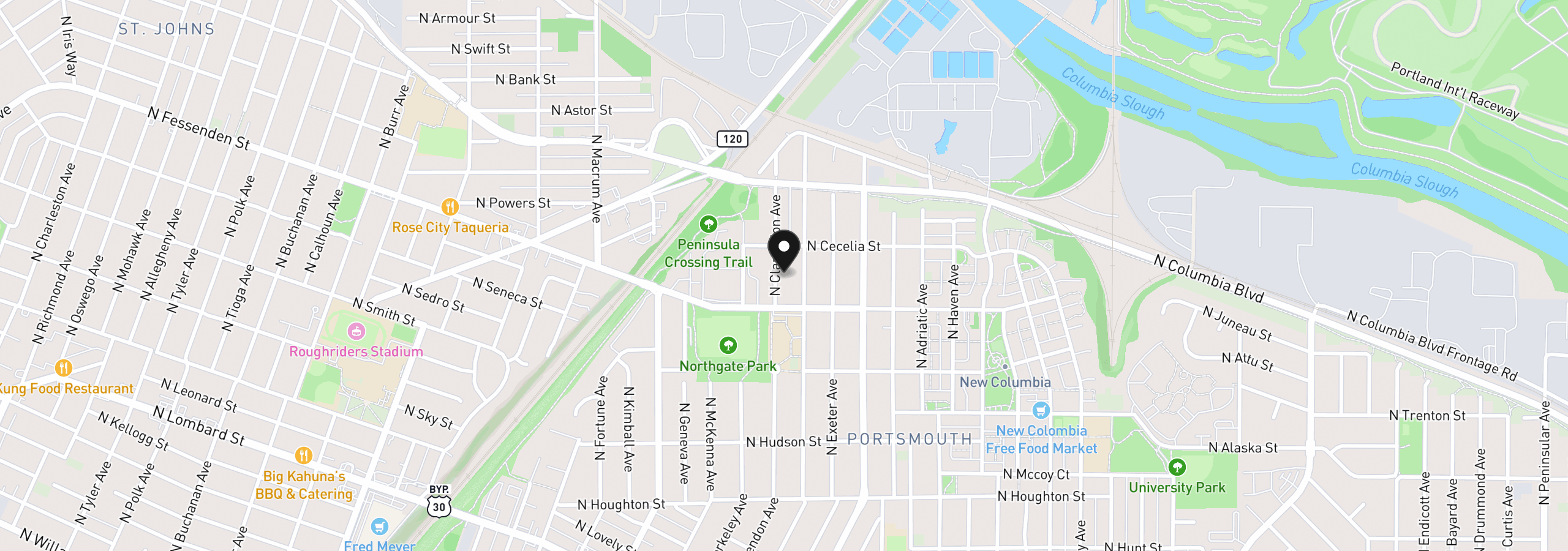 Map showing the location of 9606 N Clarendon Ave, Portland, OR 97203