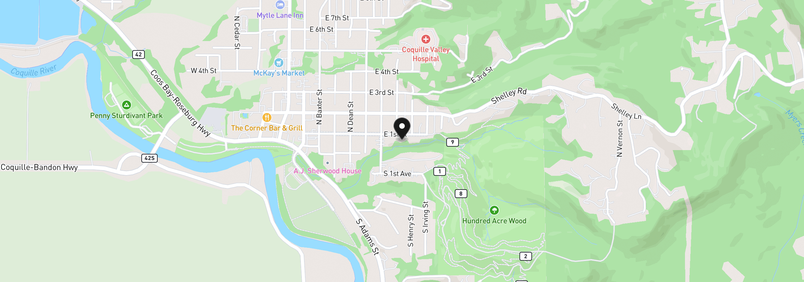 Map showing the location of 715 E 1st St, Coquille, OR 97423