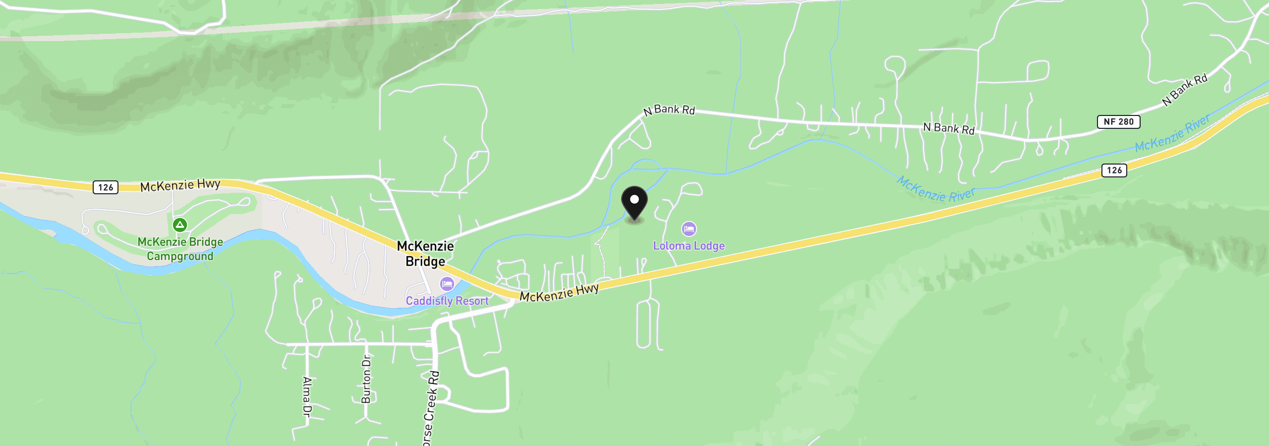 Map showing the location of McKenzie Hwy, McKenzie Bridge, OR 97413