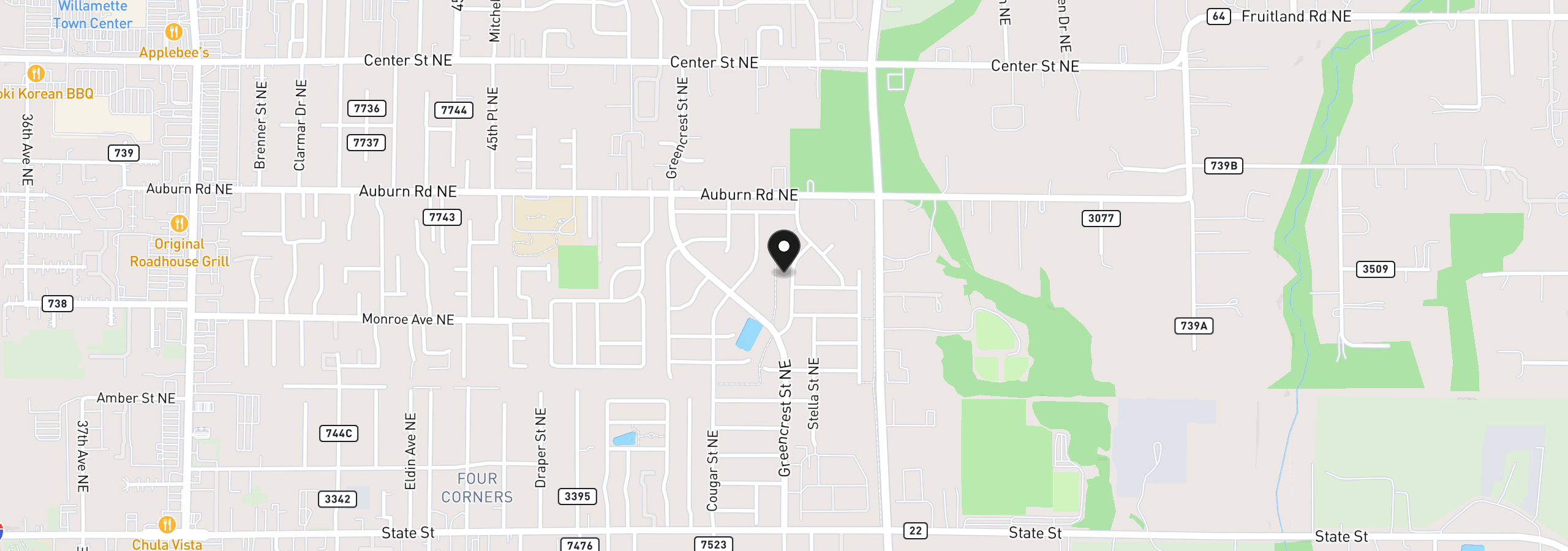 Map showing the location of 455 Pietro St NE, Salem, OR 97301