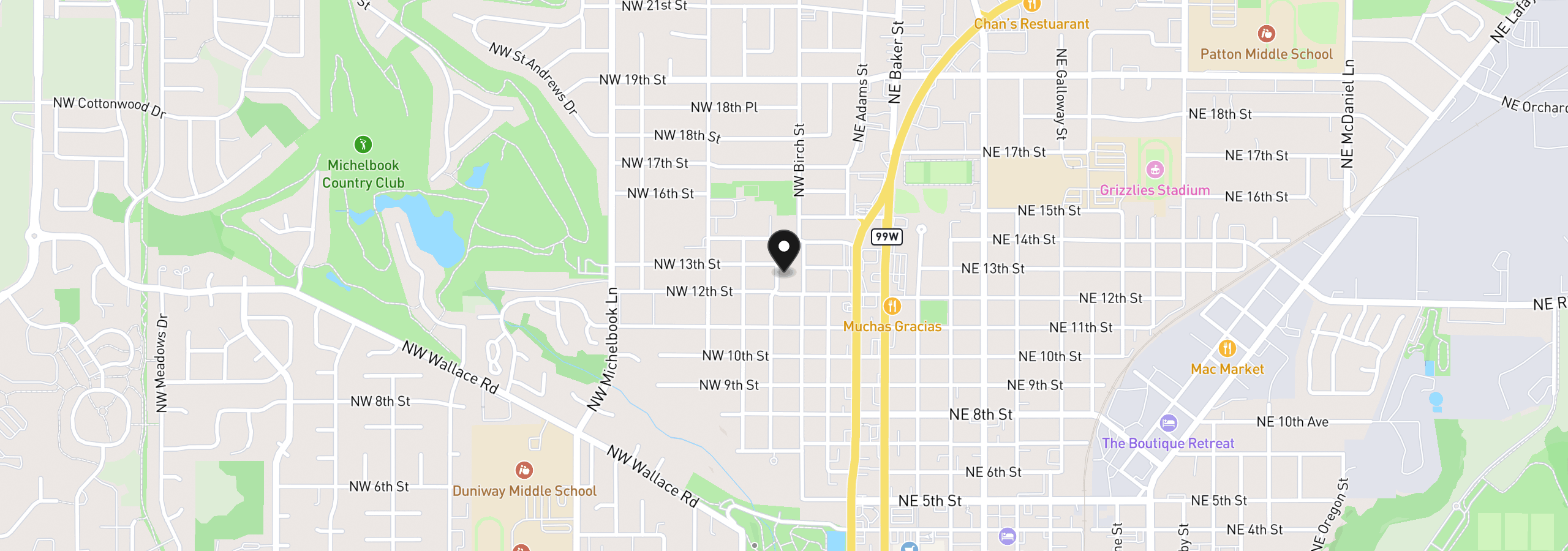 Map showing the location of 1228 NW Cedar St, McMinnville, OR 97128