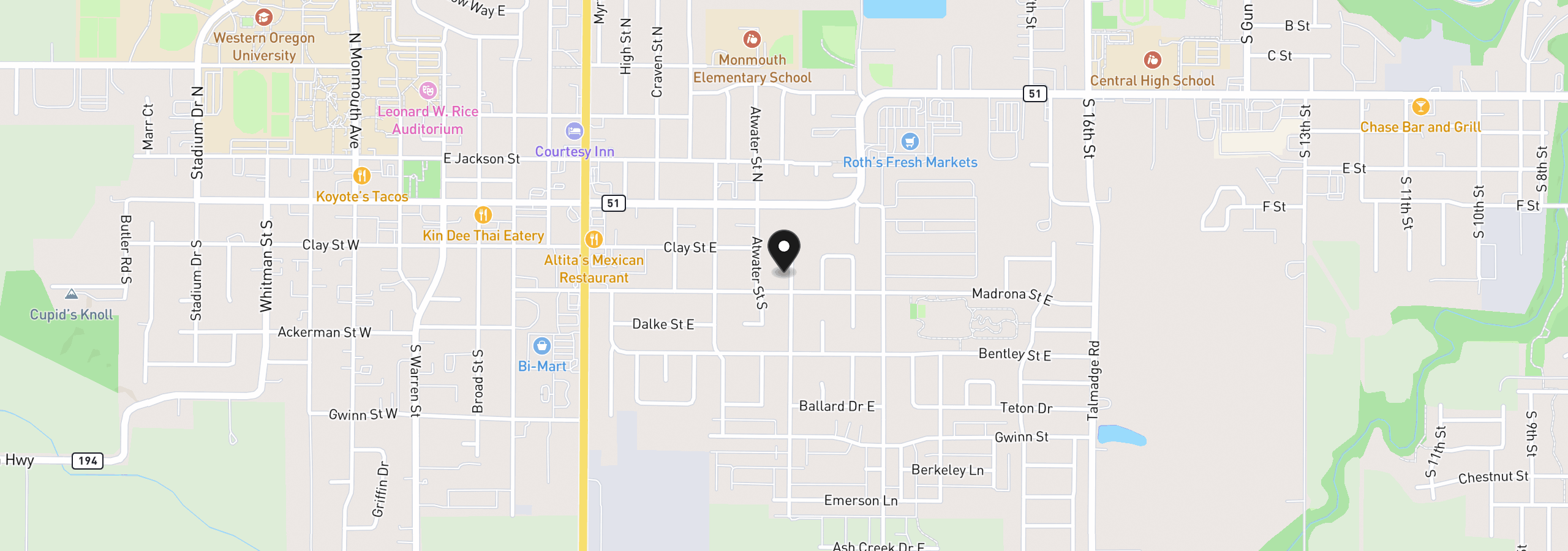 Map showing the location of 270 Martin Way S, Monmouth, OR 97361