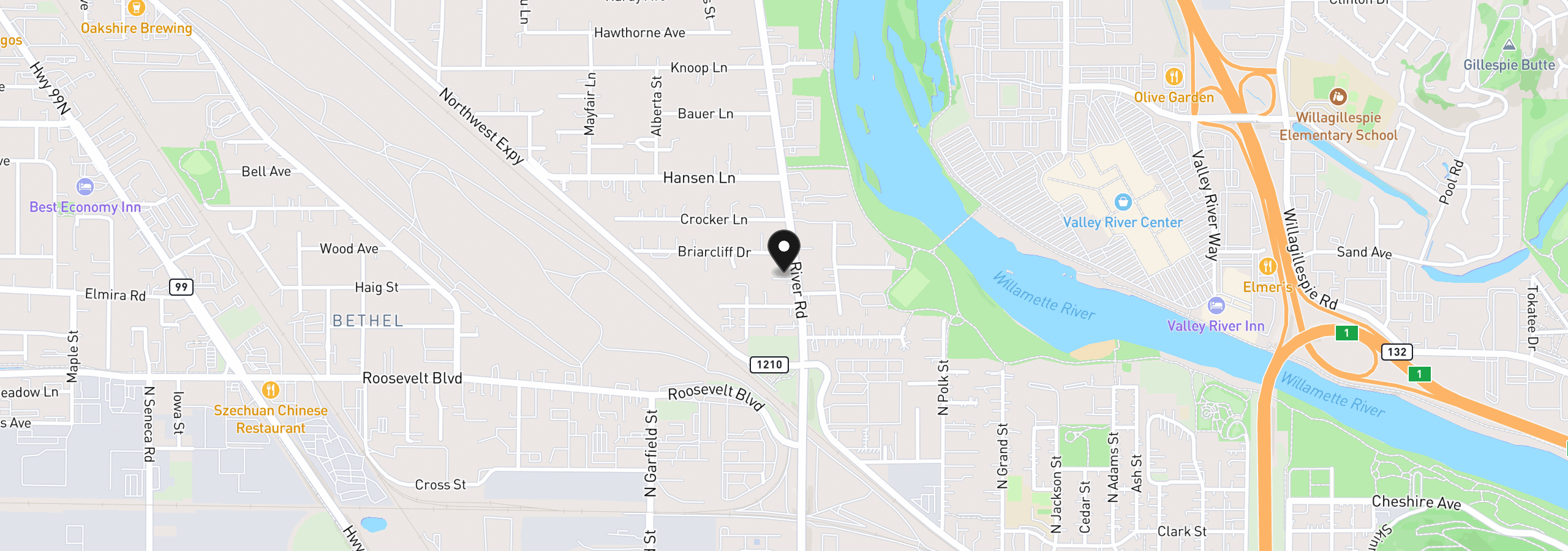 Map showing the location of 40 Briarcliff Dr, Eugene, OR 97404