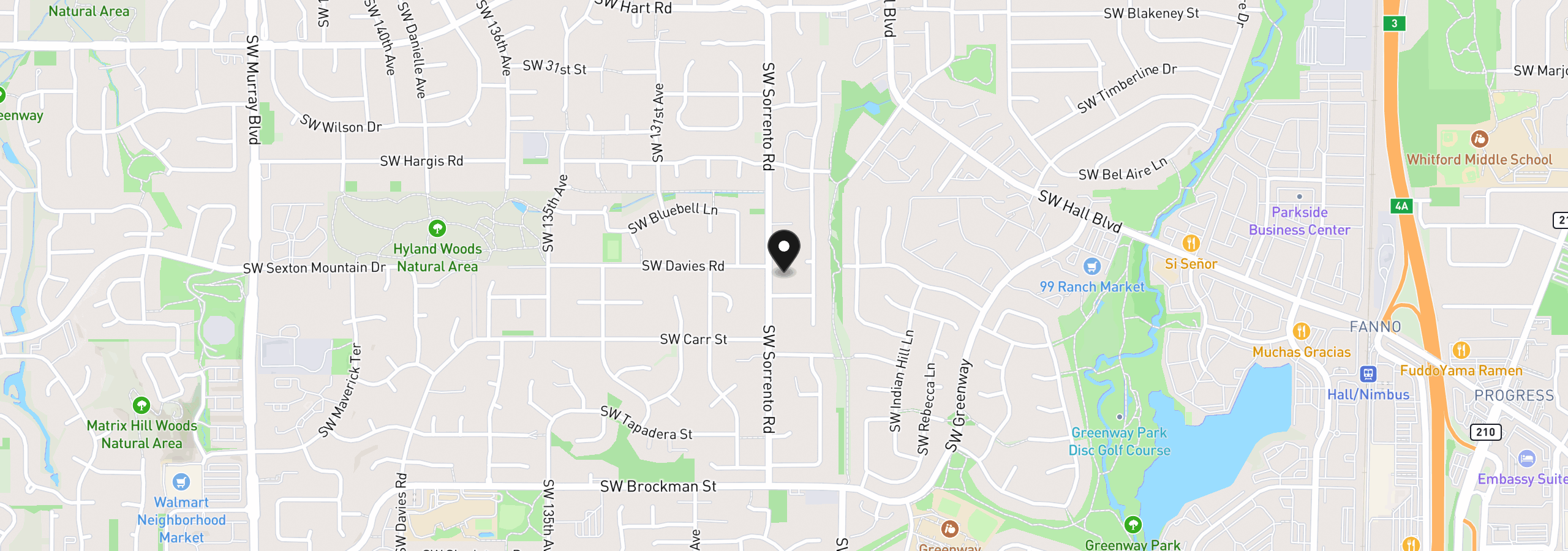 Map showing the location of 8270 SW Sorrento Rd, Beaverton, OR 97008