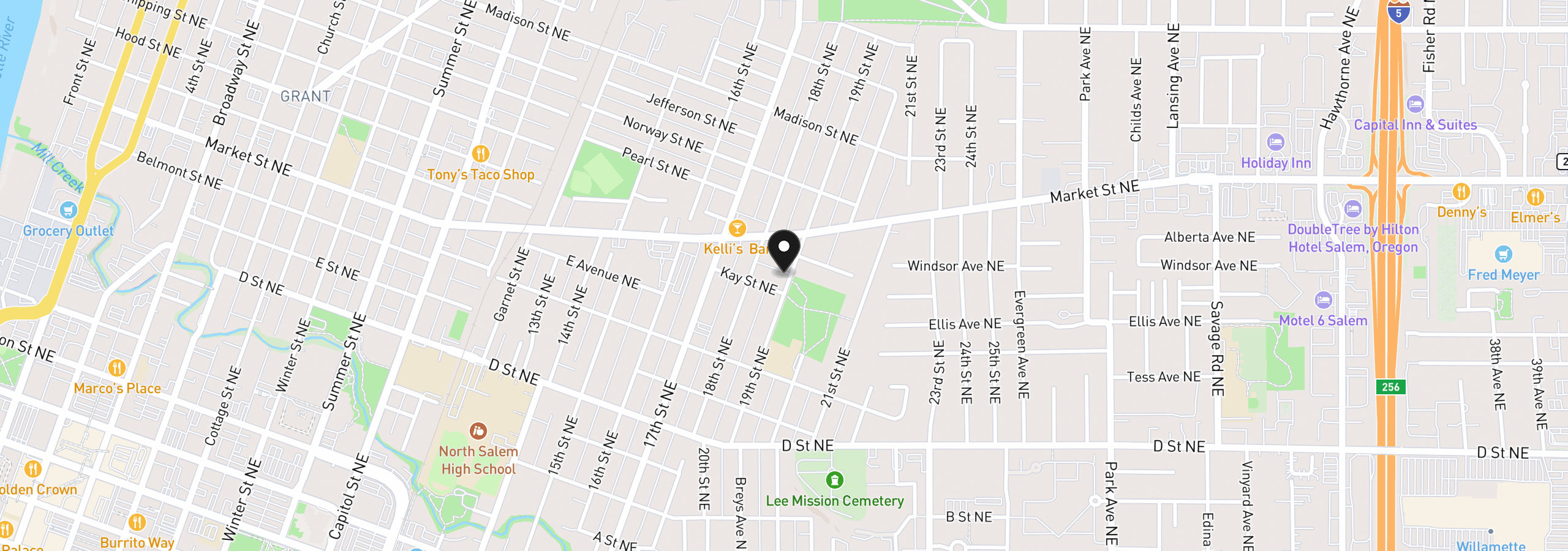 Map showing the location of 1335 NE 19th St, Salem, OR 97301
