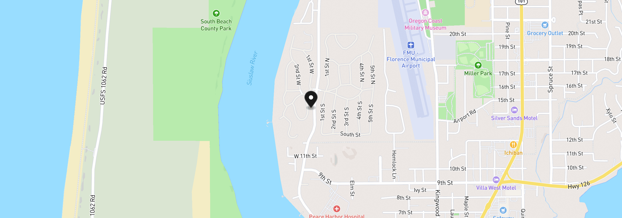 Map showing the location of 1601 Rhododendron Dr 669, Florence, OR 97439