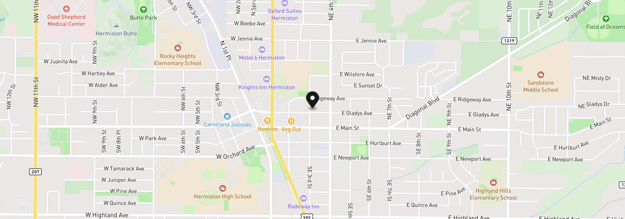Map showing the location of 200 NE 3rd St, Hermiston, OR 97838