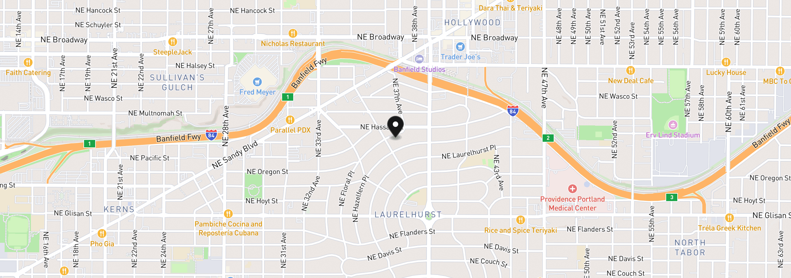 Map showing the location of 1030 NE Floral Pl, Portland, OR 97232