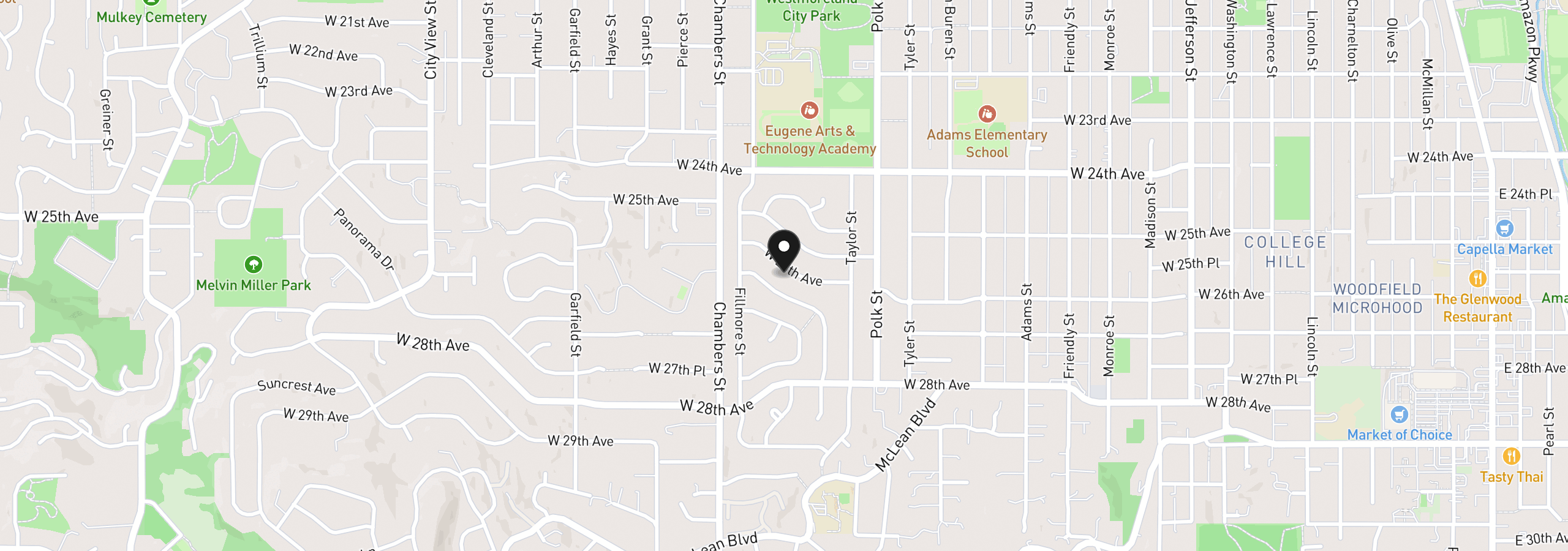 Map showing the location of 1490 W 26th Ave, Eugene, OR 97405