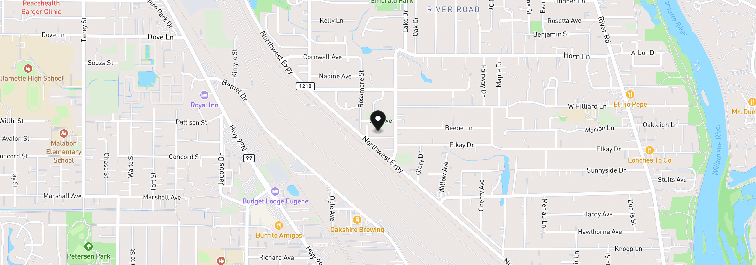 Map showing the location of 1753 Elkay Dr, Eugene, OR 97404