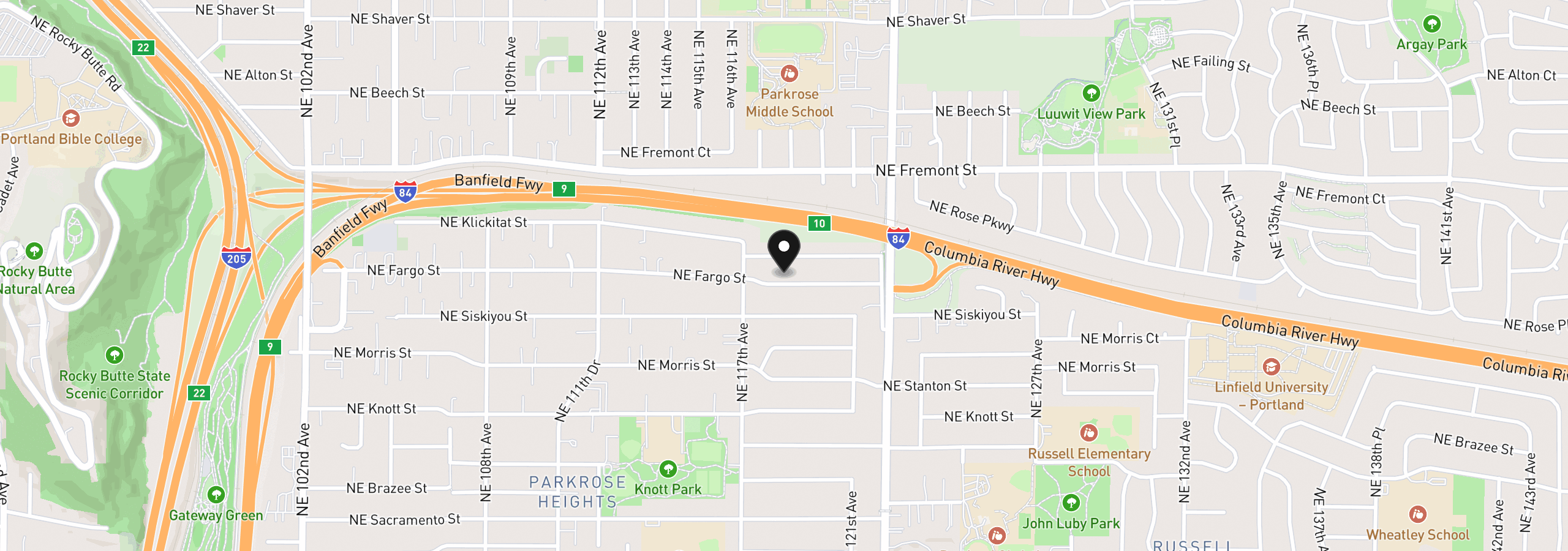 Map showing the location of 11827 NE Fargo St, Portland, OR 97220