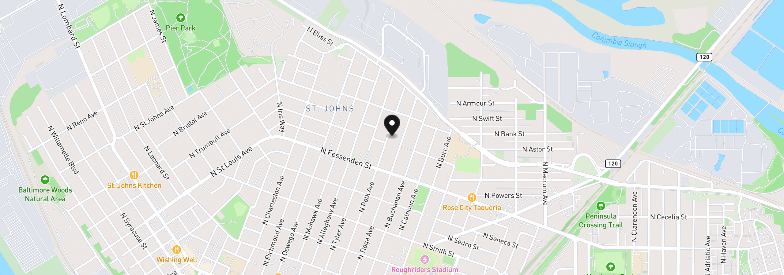 Map showing the location of 10016 N Polk Ave, Portland, OR 97203