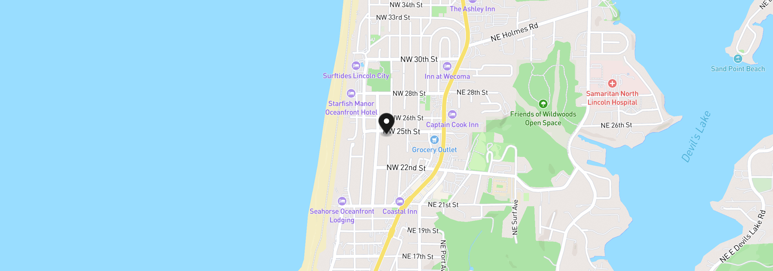 Map showing the location of 1556 NW 25th St, Lincoln City, OR 97367