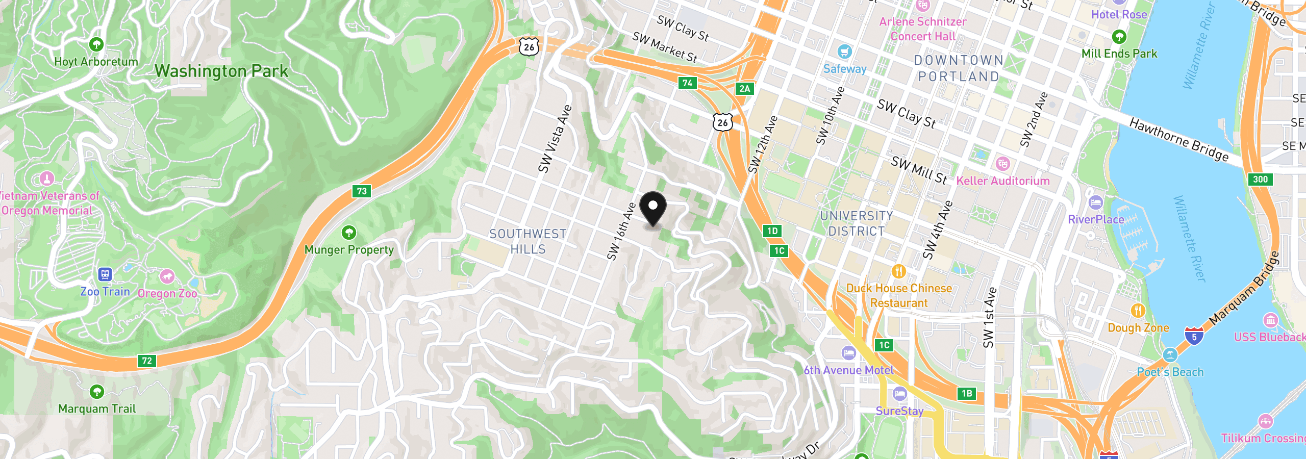 Map showing the location of 1490 SW Clifton St, Portland, OR 97201