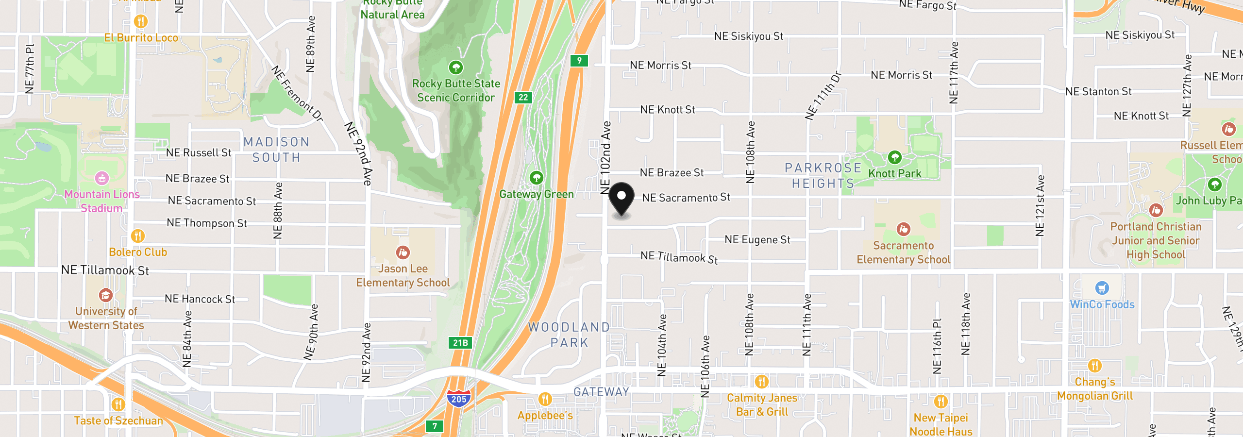 Map showing the location of 10235 NE Thompson St, Portland, OR 97220