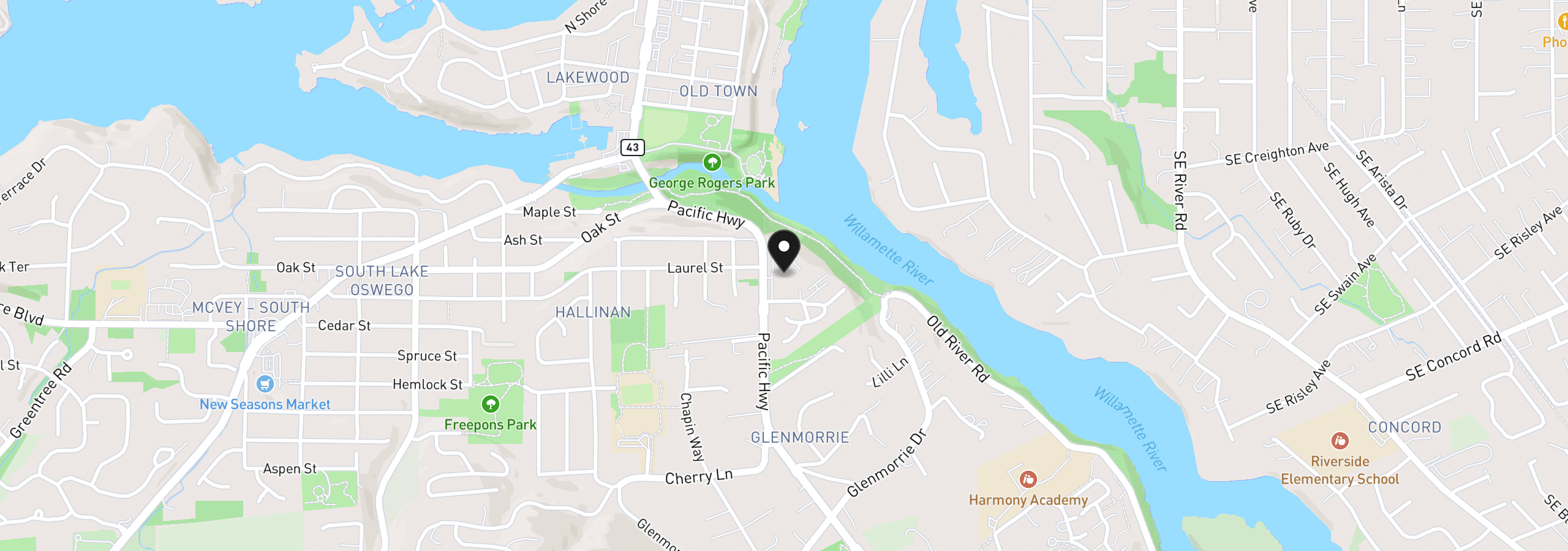 Map showing the location of 16250 Pacific Hwy 45, Lake Oswego, OR 97034