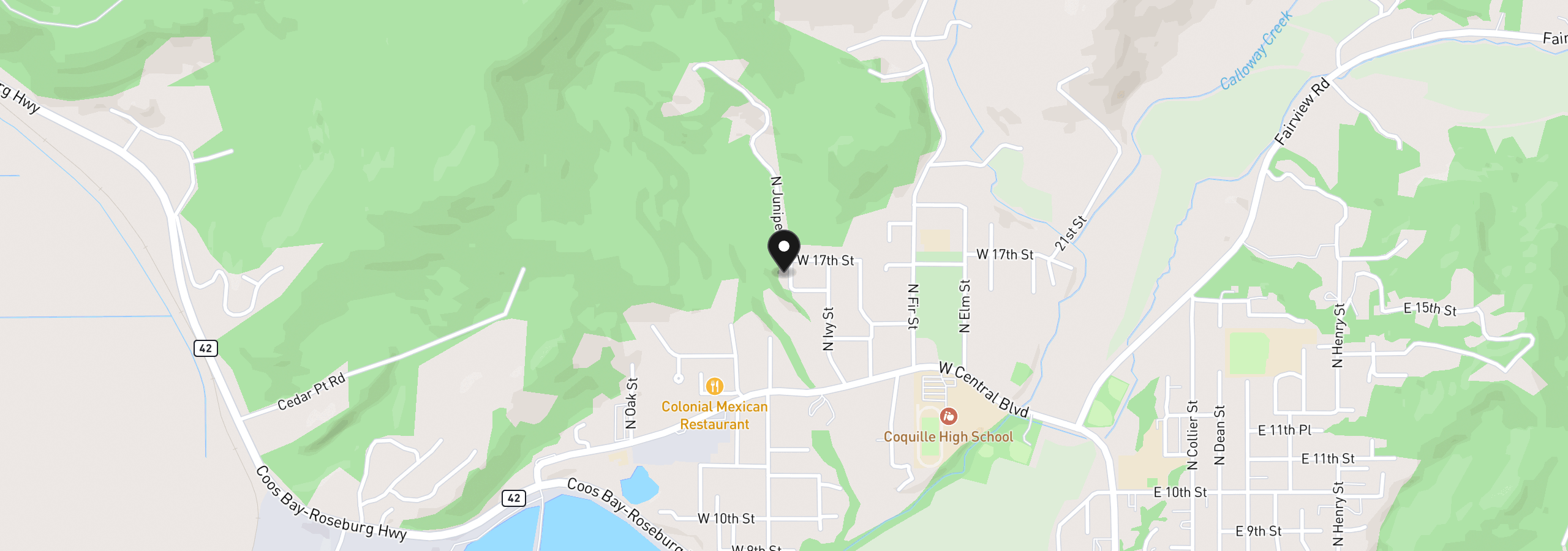 Map showing the location of 1655 N Juniper St, Coquille, OR 97423