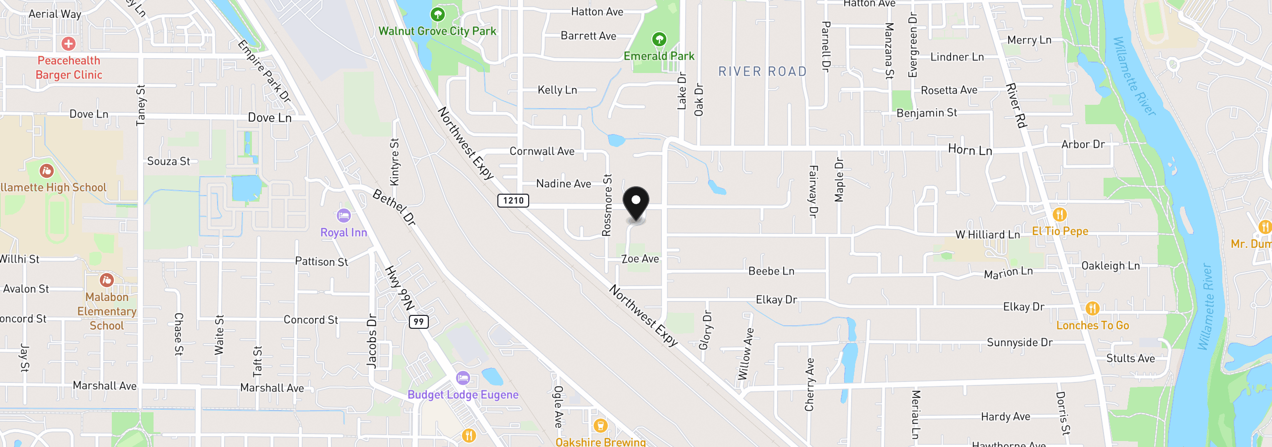 Map showing the location of 1729 Milo Way, Eugene, OR 97404