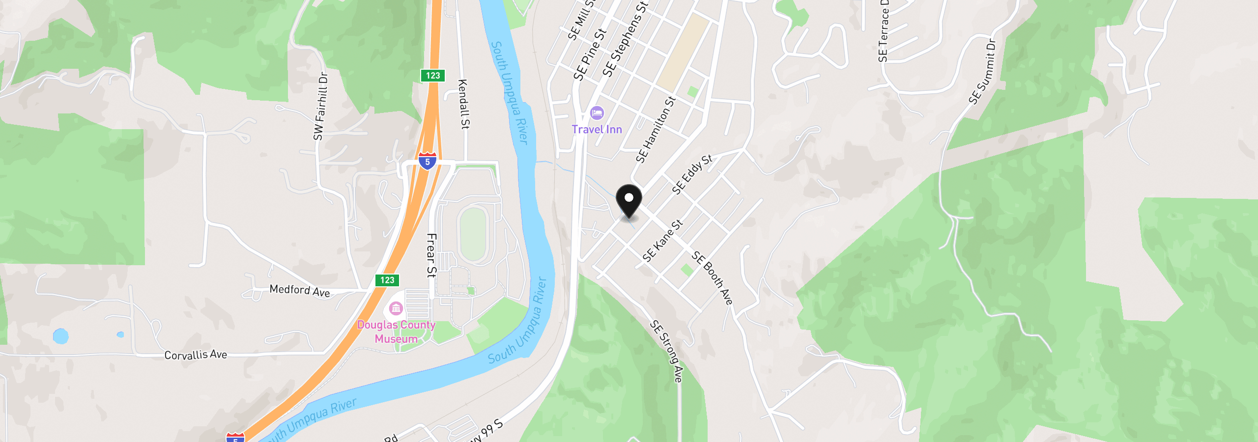 Map showing the location of 1843 SE Main St, Roseburg, OR 97470