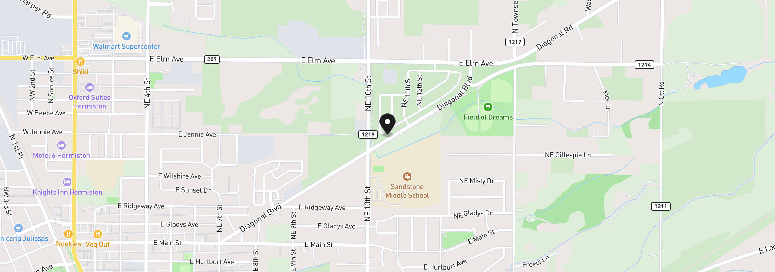 Map showing the location of 1075 NE Emerald Dr, Hermiston, OR 97838