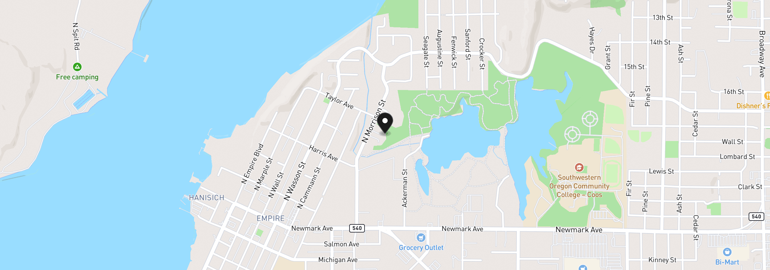 Map showing the location of 0 N Morrison, Coos Bay, OR 97420