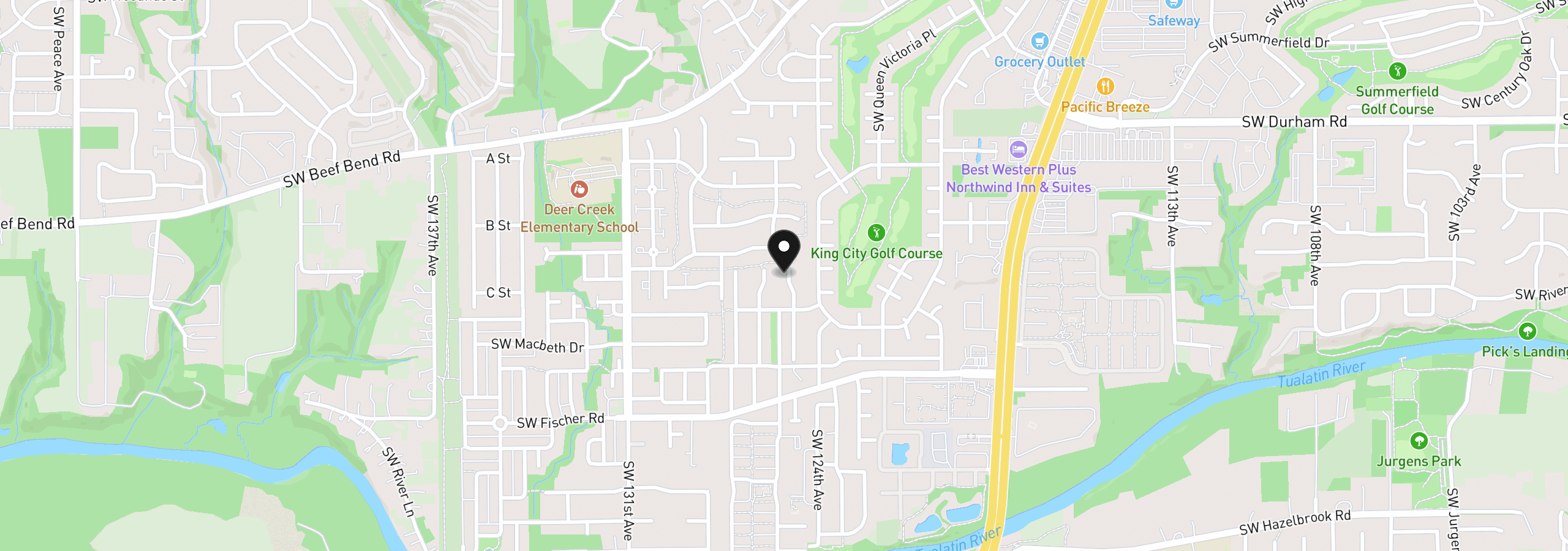 Map showing the location of 16515 SW Monaco Ln, King City, OR 97224
