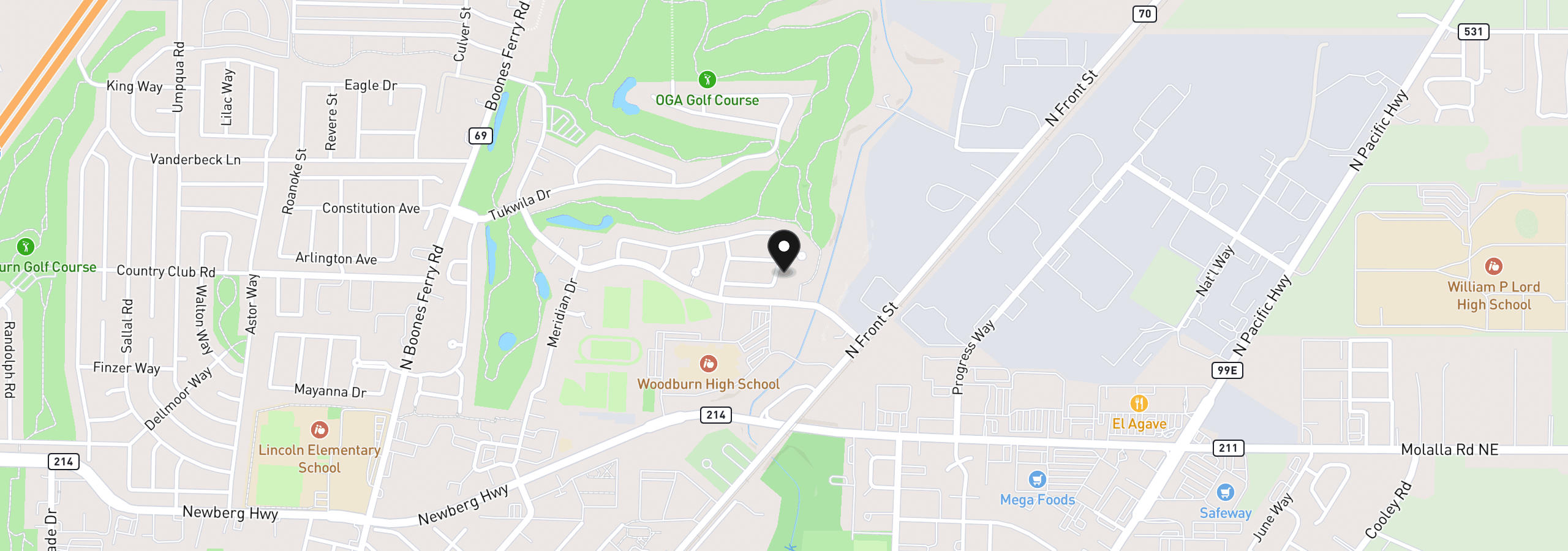 Map showing the location of 2536 Edgewater Dr, Woodburn, OR 97071