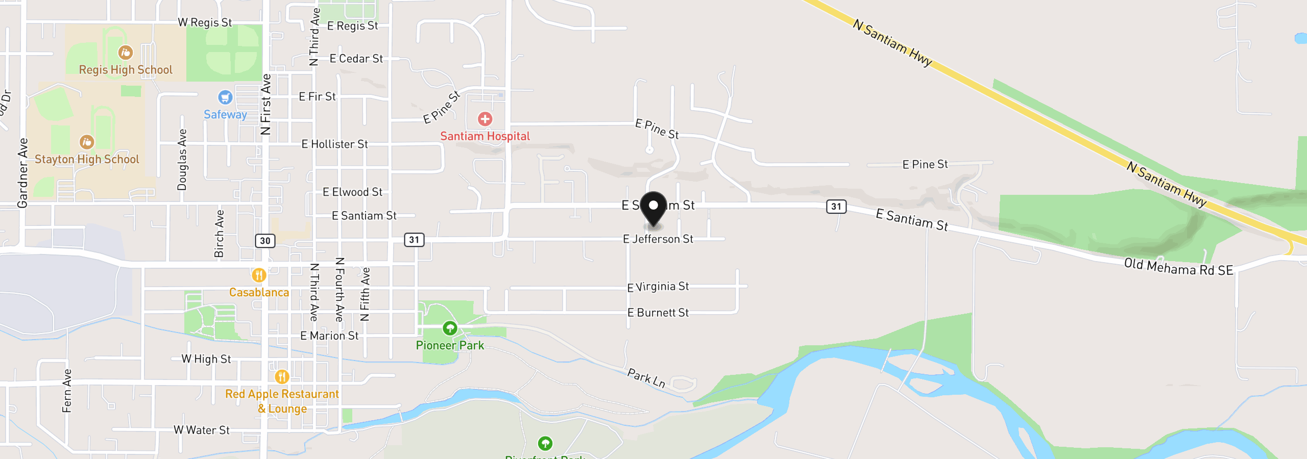 Map showing the location of 920 Highland St, Stayton, OR 97383
